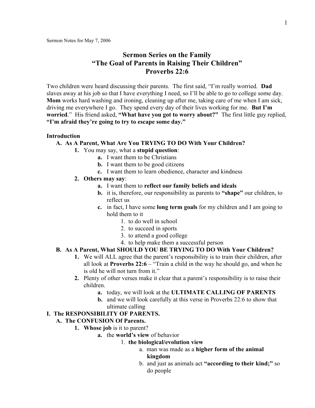 Sermon Notes for May 7, 2006