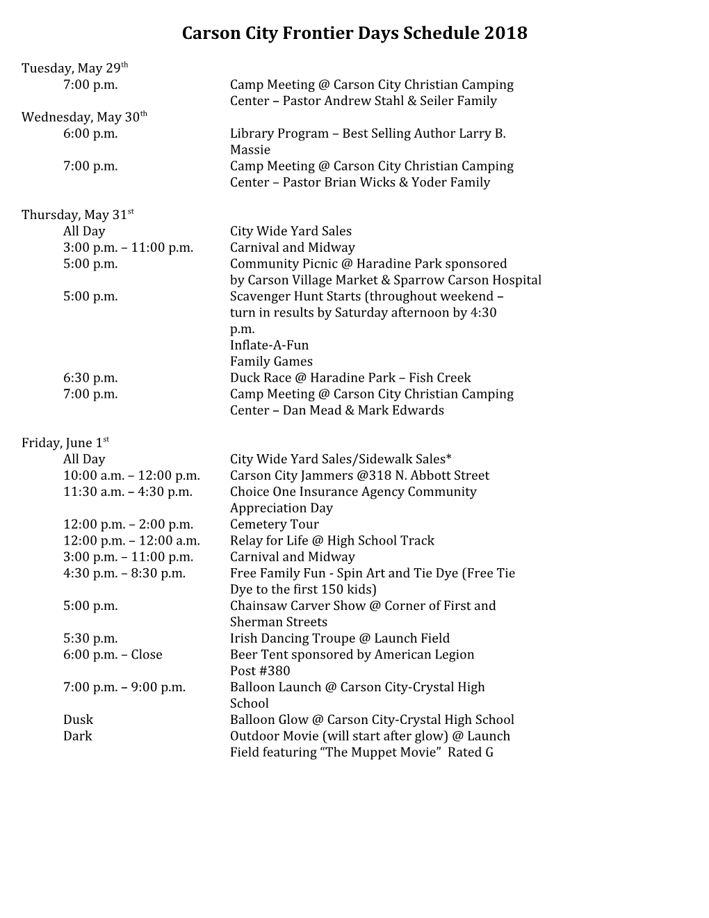 Carson City Frontier Days Schedule 2018