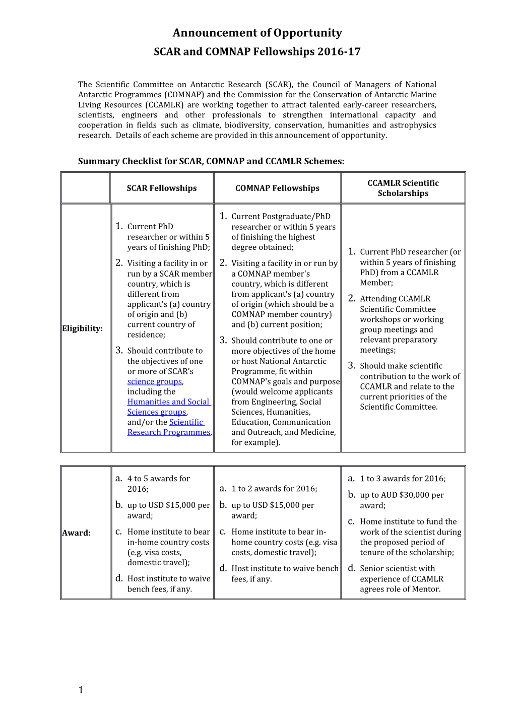 SCAR and COMNAP Fellowships 2016-17