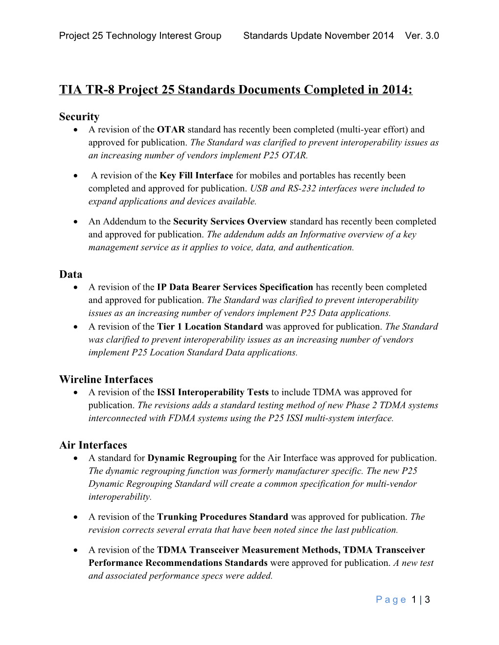 TIA TR-8 Project 25 Standards Documents Completed in 2014