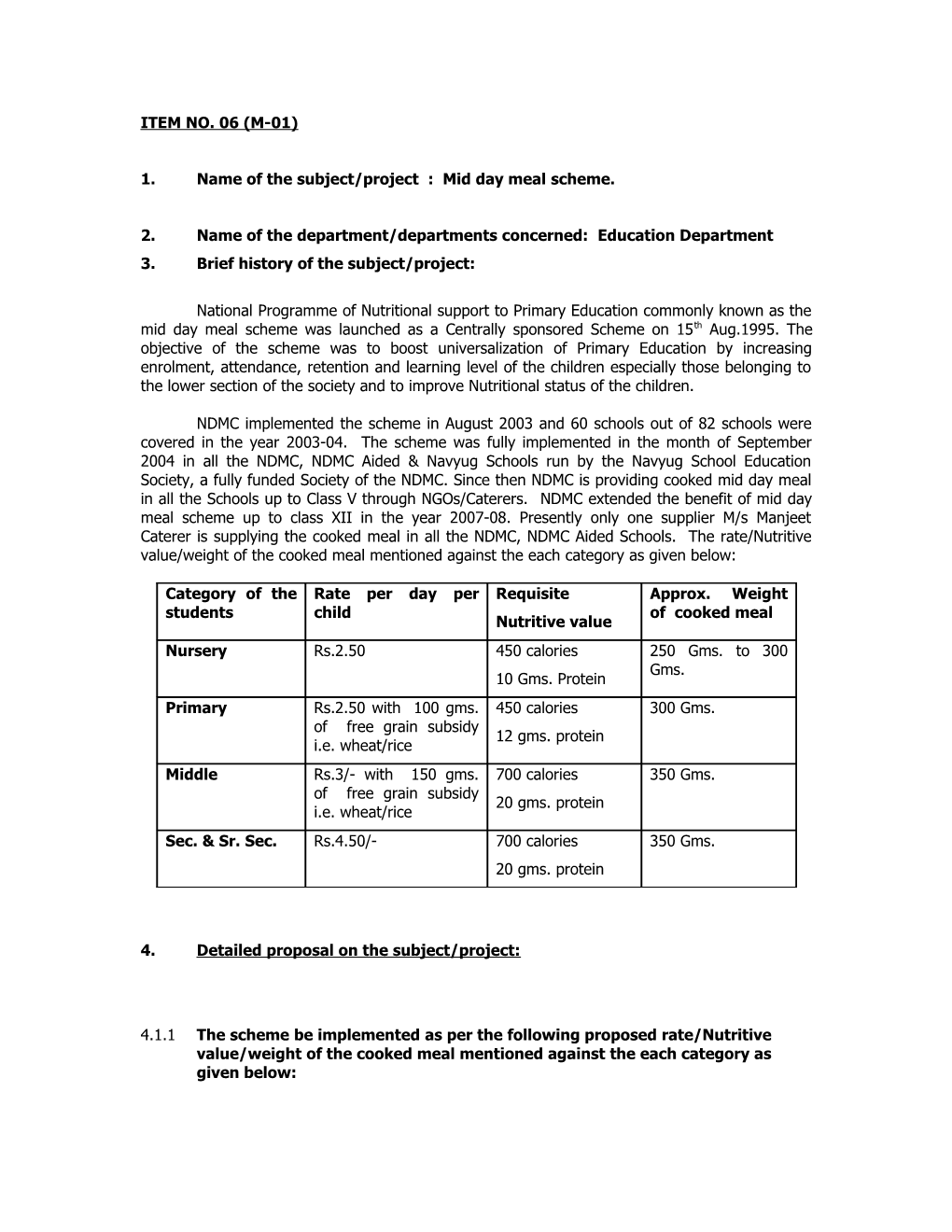 1. Name of the Subject/Project : Mid Day Meal Scheme