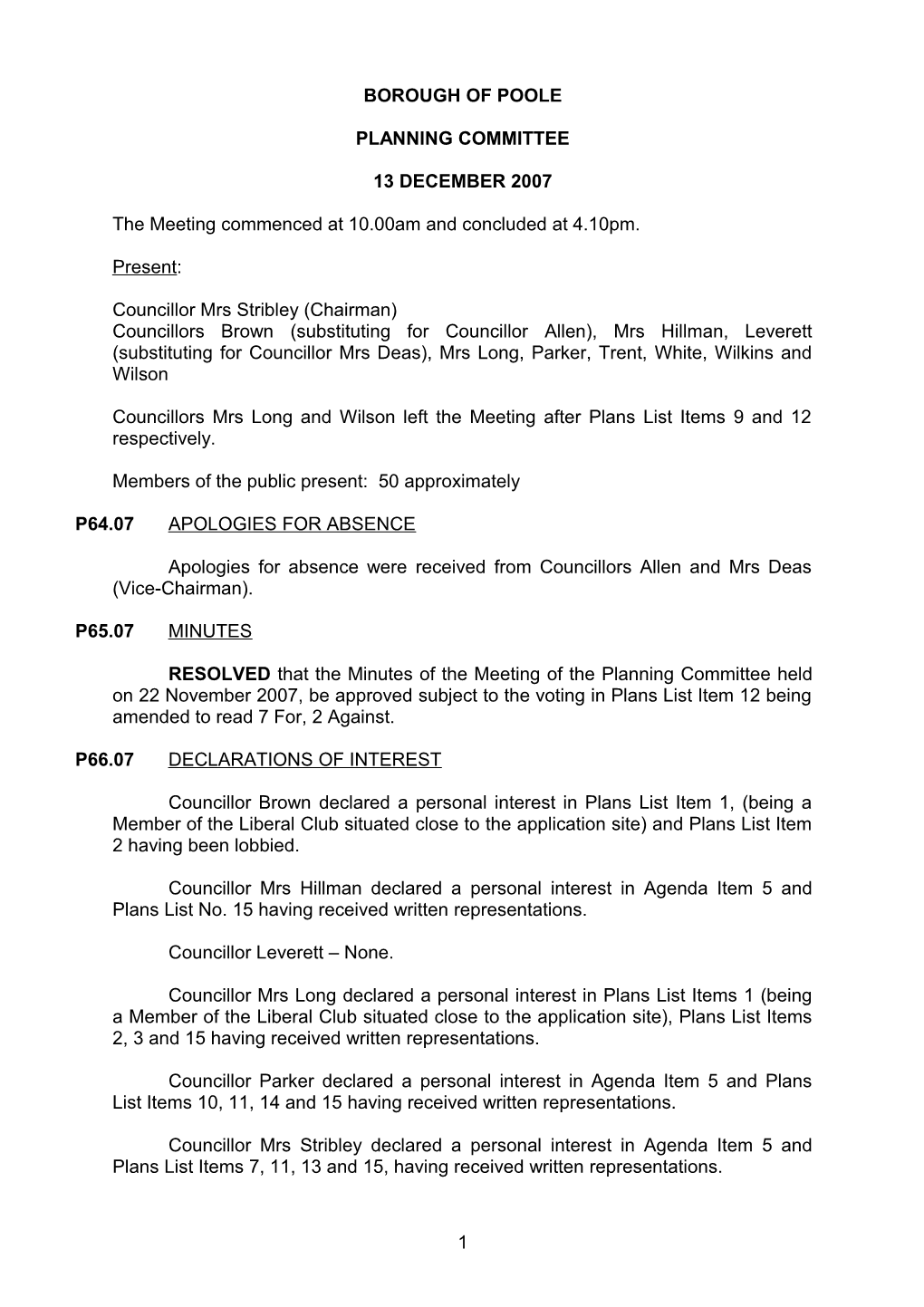 Minutes - Planning Committee - 13 December 2007