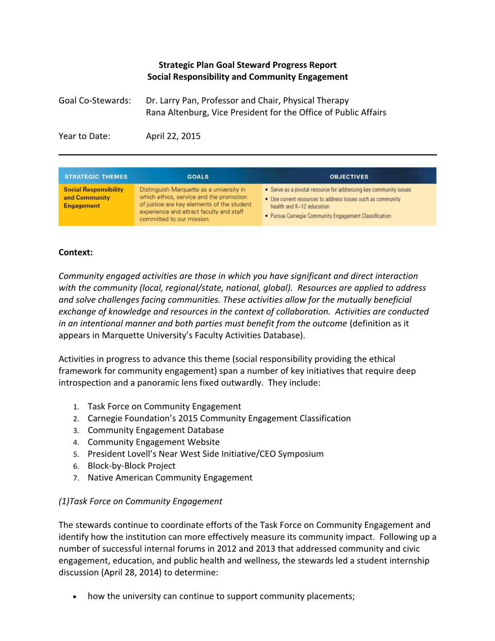 Strategic Plan Goal Steward Progress Report