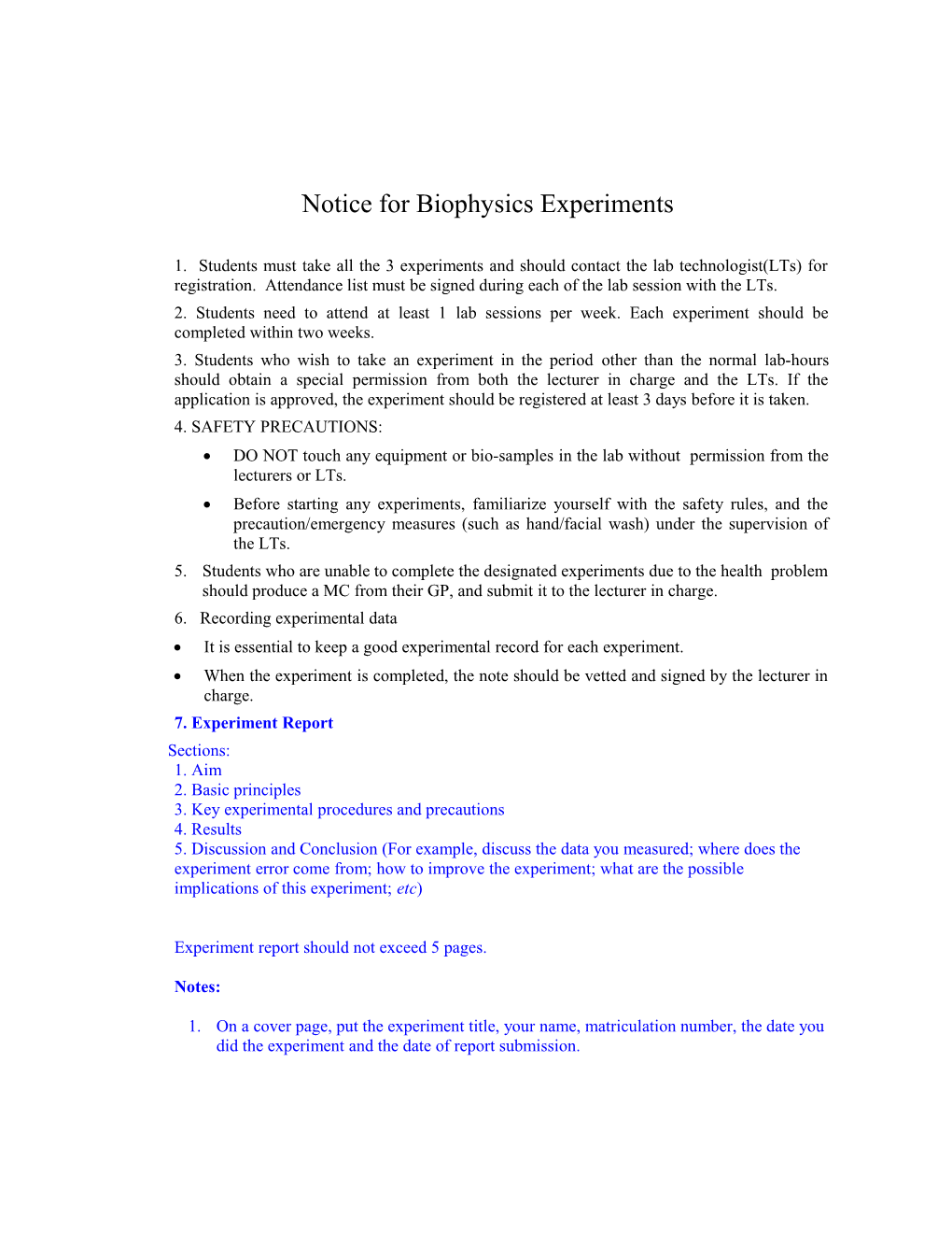 Notice for Biophysics Experiments