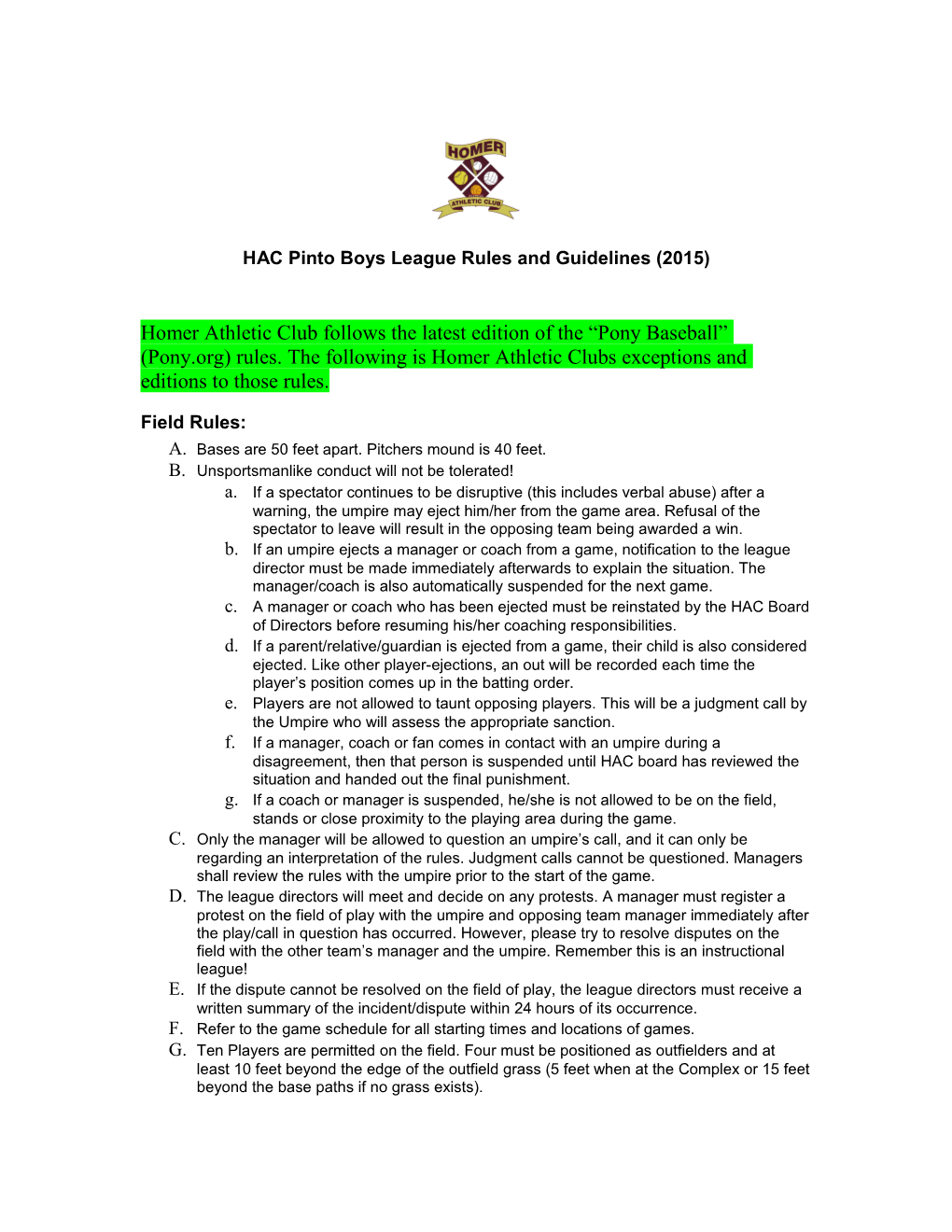 HAC Pinto Boys League Rules and Guidelines (2011)