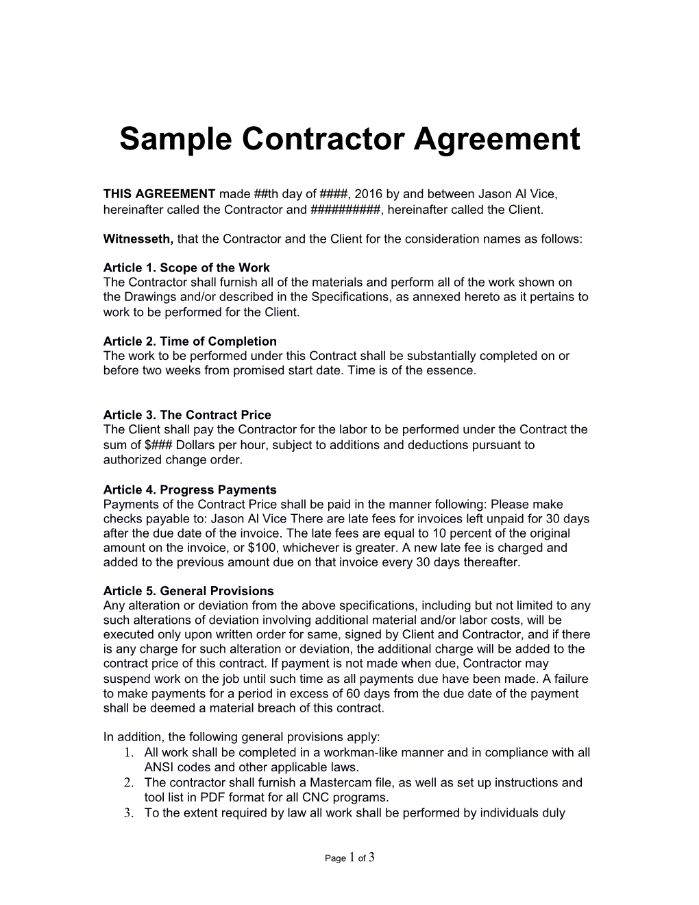 Sample Contractor Agreement