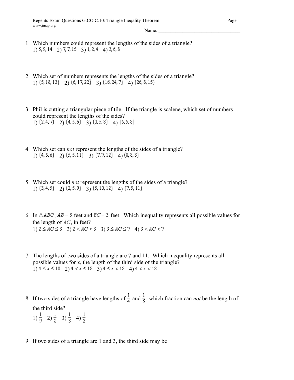 Regents Exam Questions G.CO.C.10: Triangle Ineqality Theorempage 1