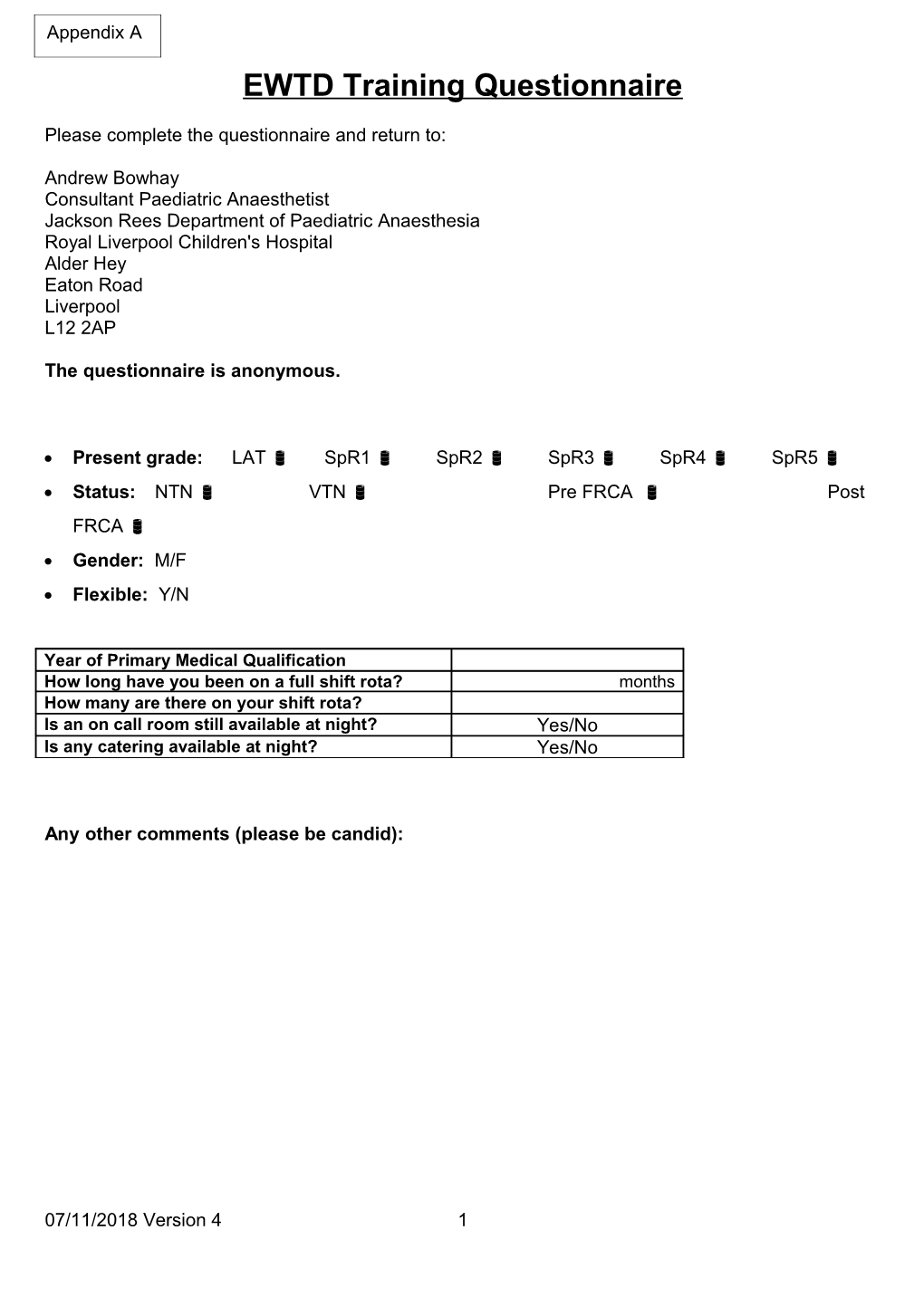 Anaesthetic Trainee Questionnaire