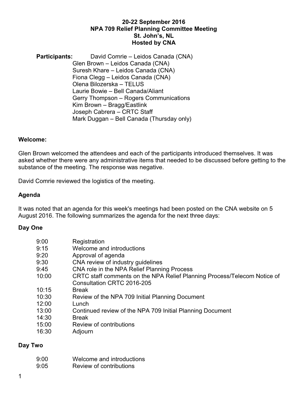 NPA 709 Relief Planning Committee Meeting