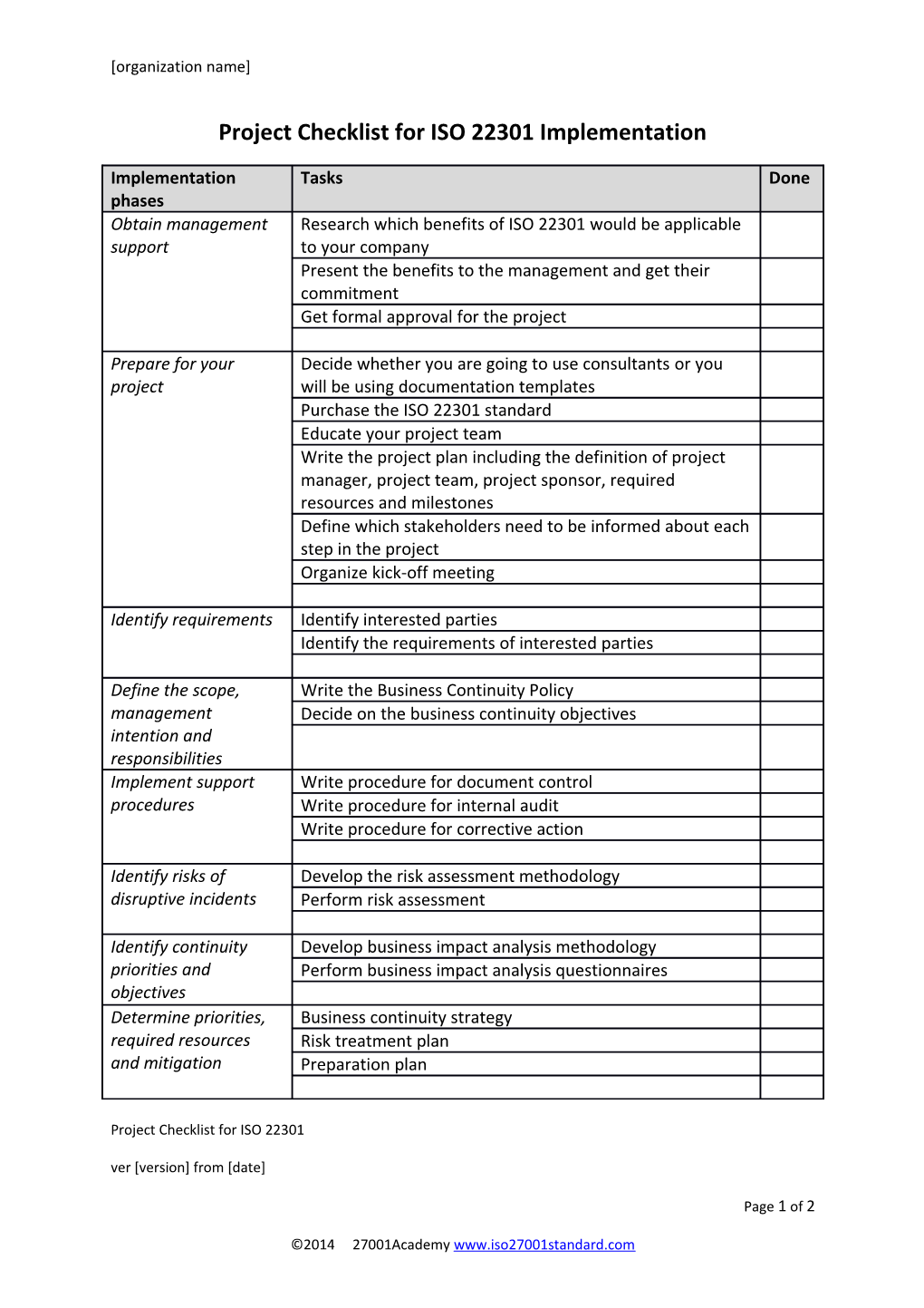 Project Checklist for ISO 22301 Implementation