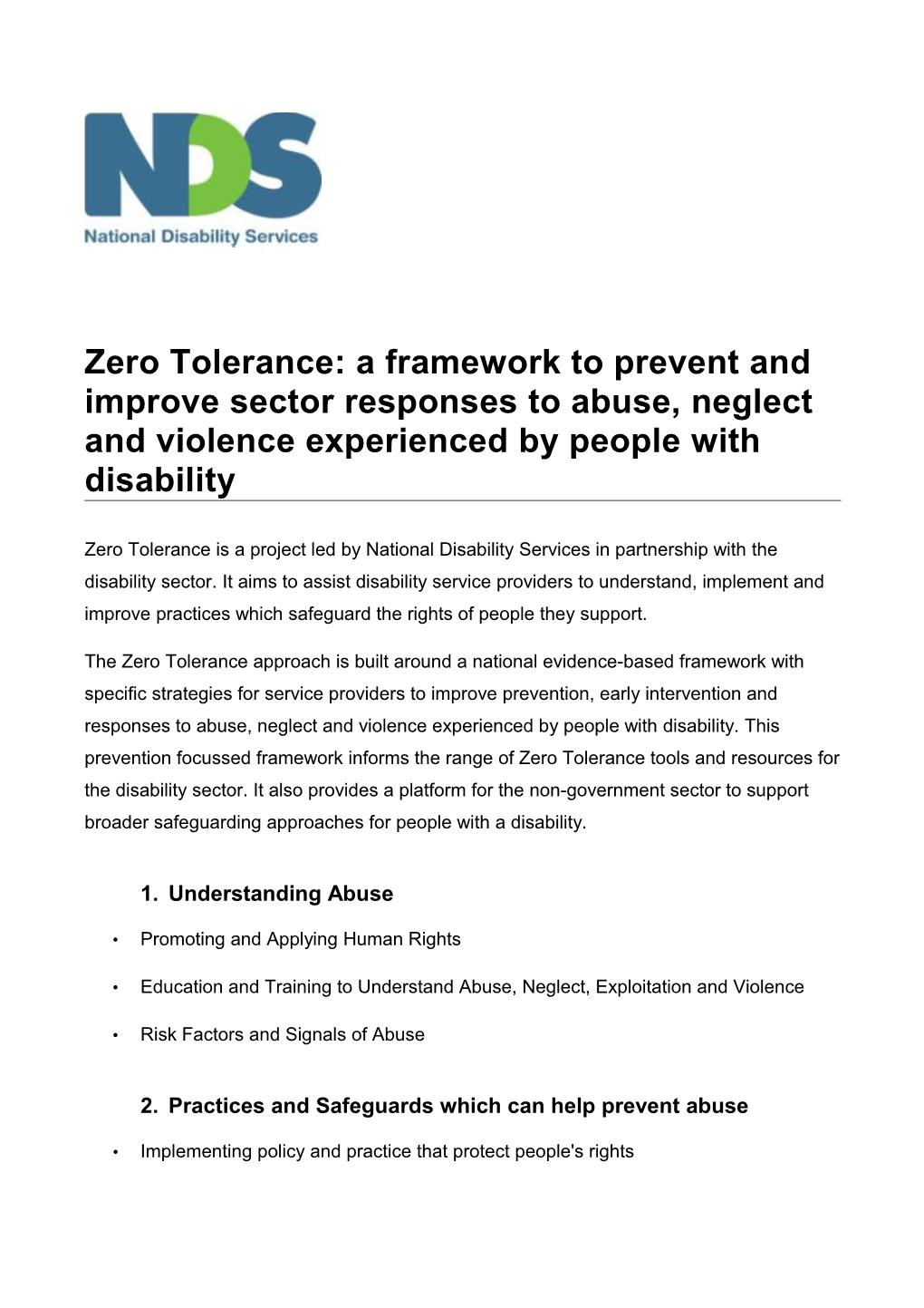 Zero Tolerance: a Framework to Prevent and Improve Sector Responses to Abuse, Neglect And