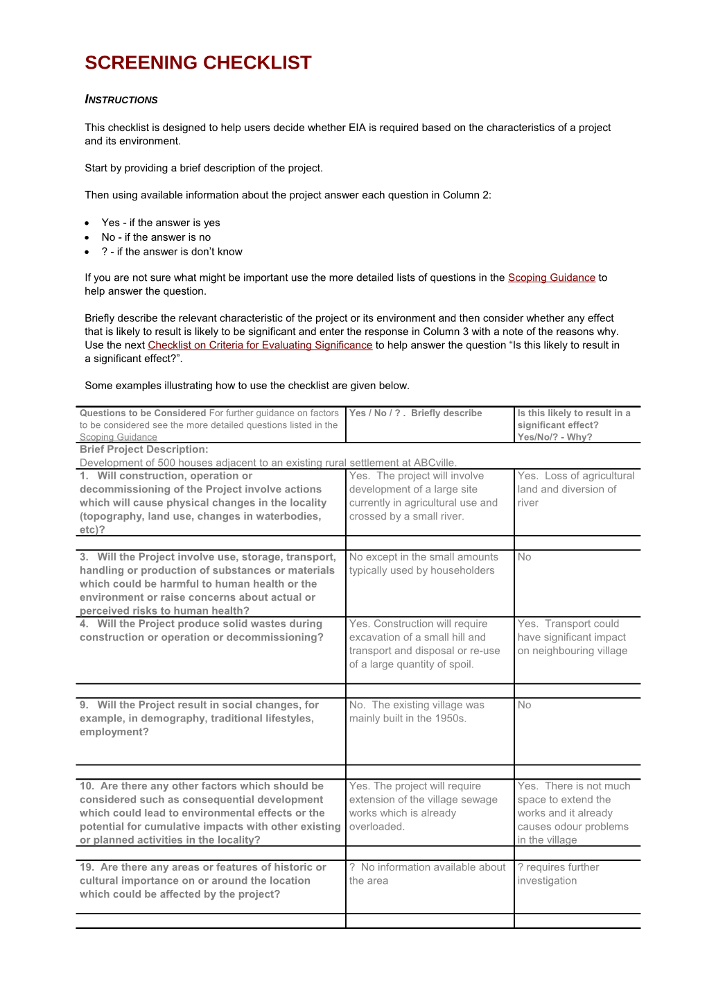 Screening Checklist