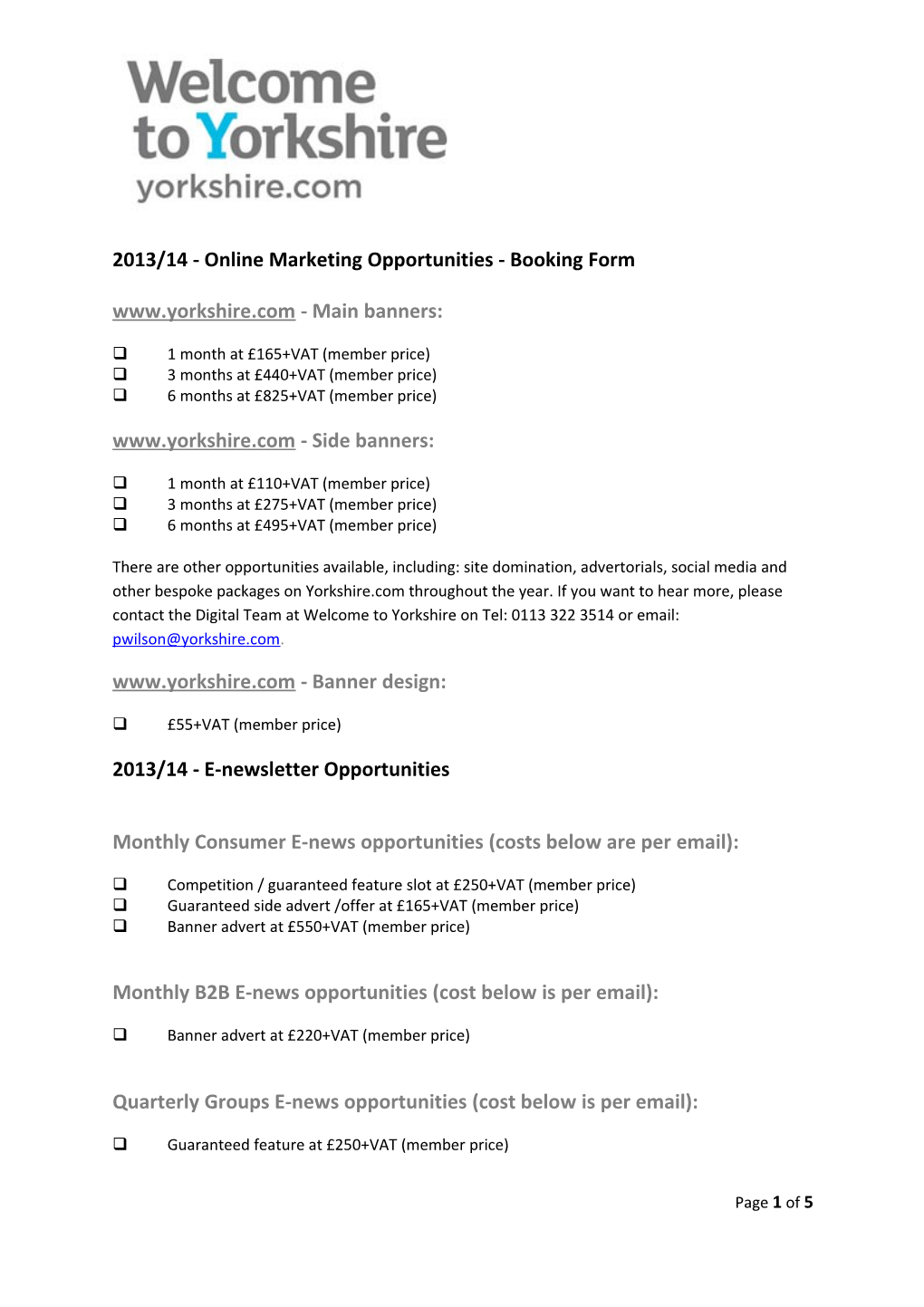 2013/14- Online Marketing Opportunities - Booking Form