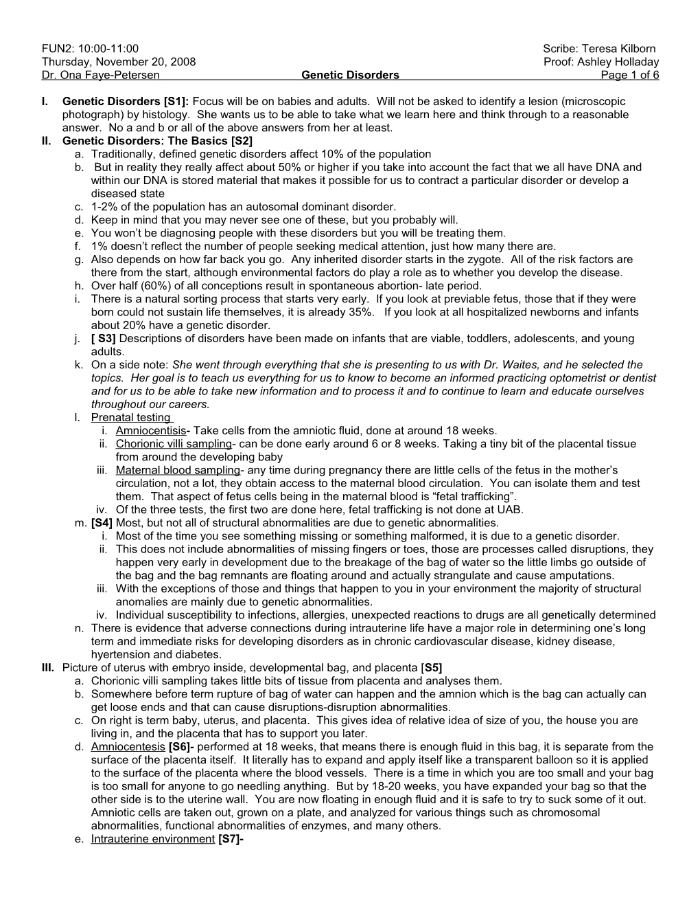 Dr. Ona Faye-Petersen Genetic Disorders Page1 of 6