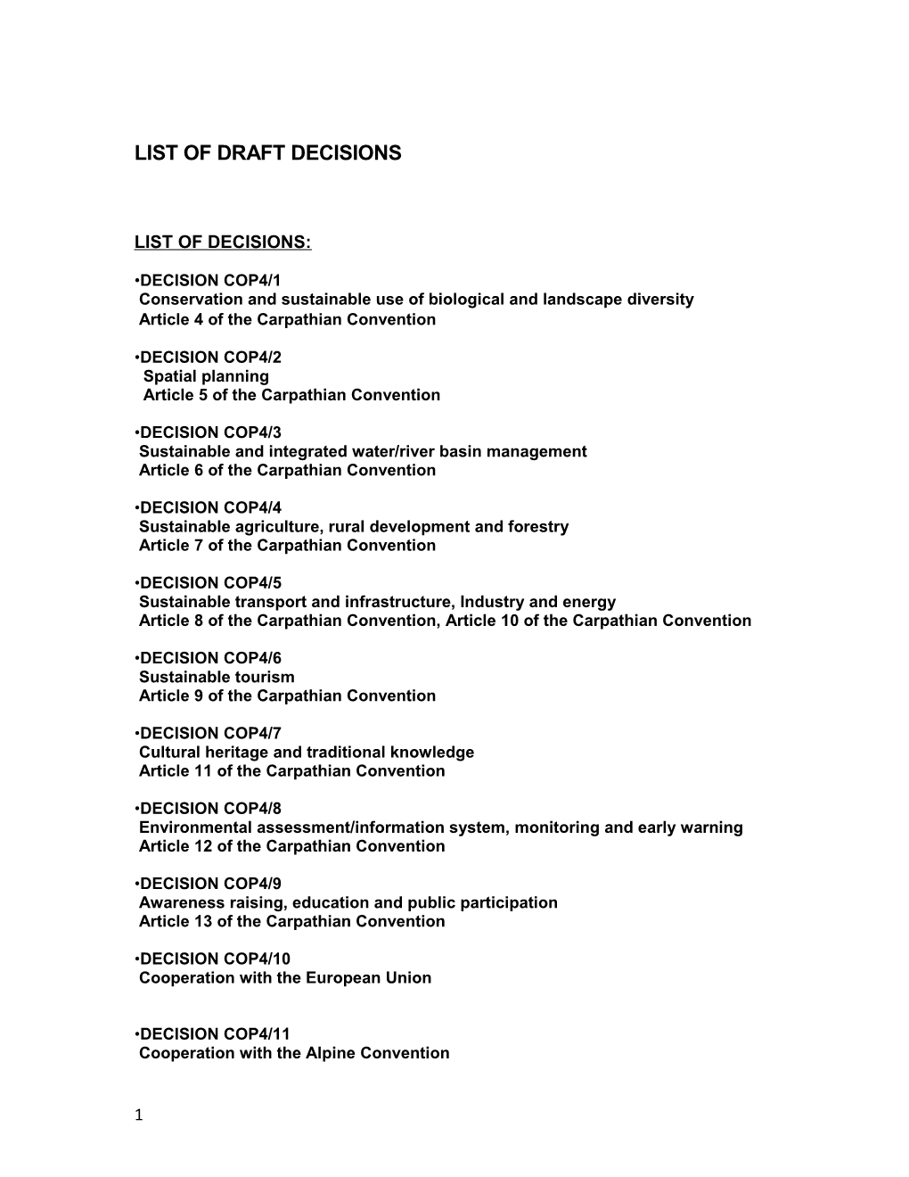 List of Draft Decisions