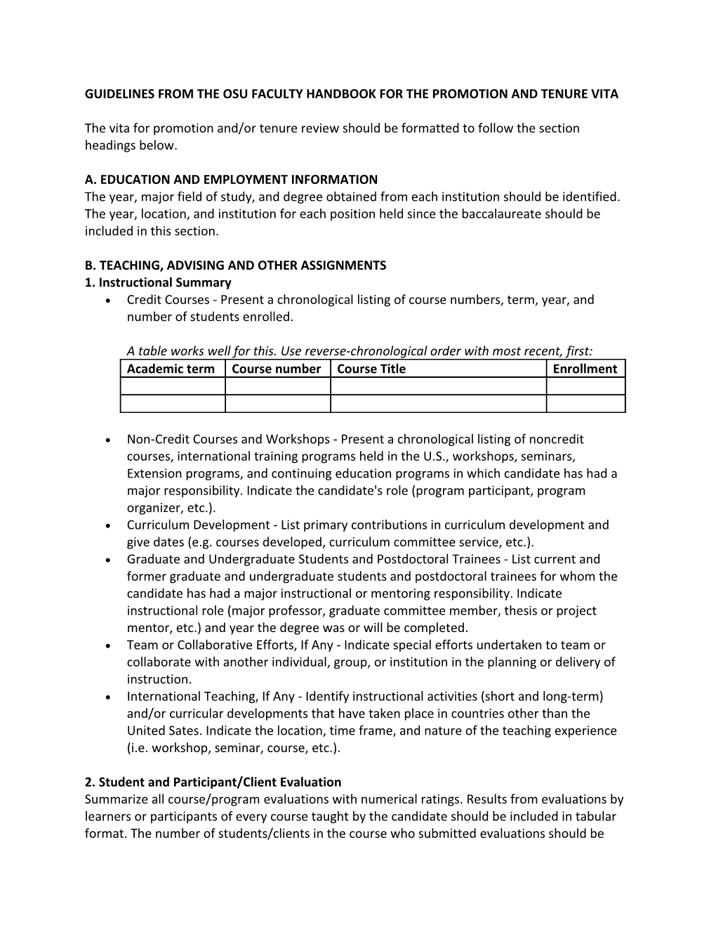 Guidelines from the Osu Faculty Handbook for the Promotion and Tenure Vita