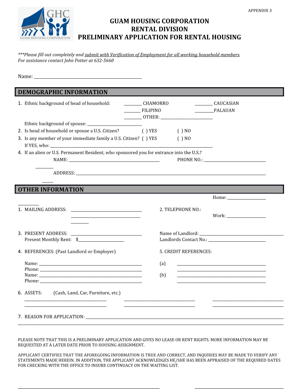 Preliminary Application for Rental Housing