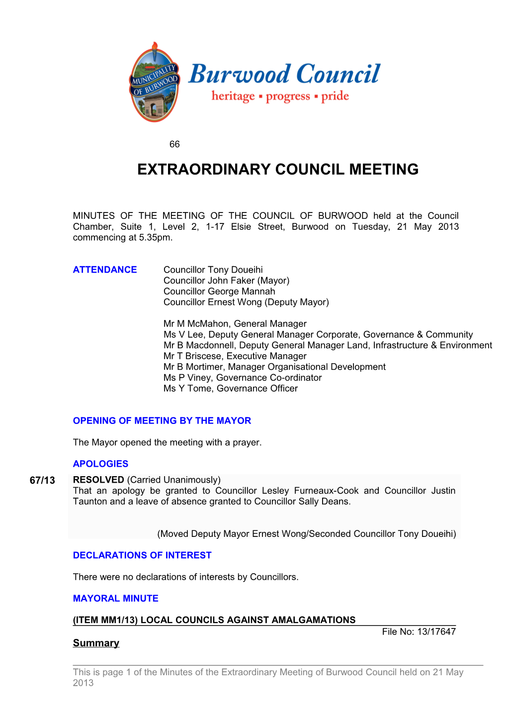 Pro-Forma Minutes of Extraordinary Council Meeting - 21 May 2013