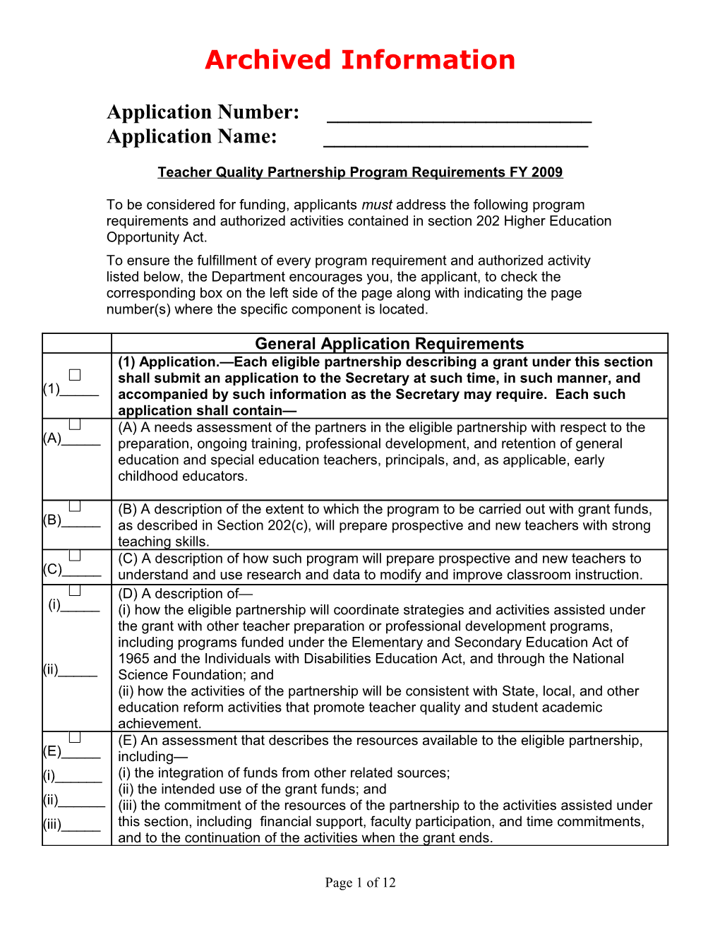 Archived: TQP Program Requirements and Authorized Activities Checklist (MS Word)