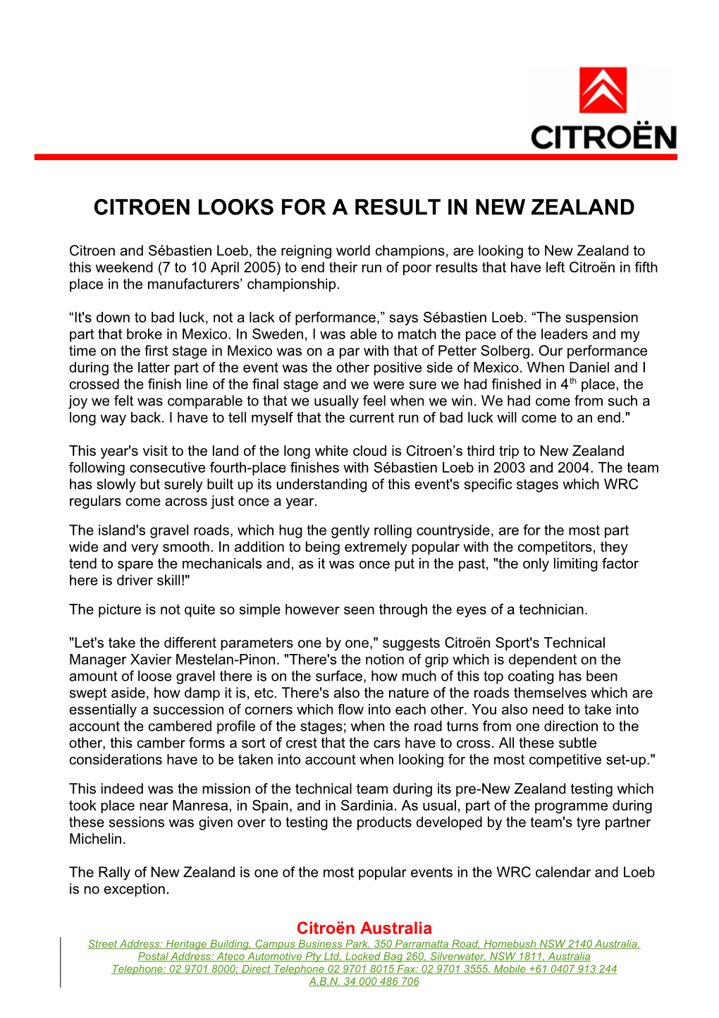 Citroen Looks for a Result in New Zealand