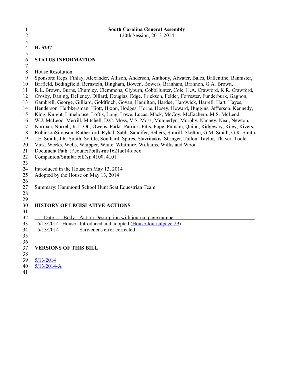 2013-2014 Bill 5237: Hammond School Hunt Seat Equestrian Team - South Carolina Legislature