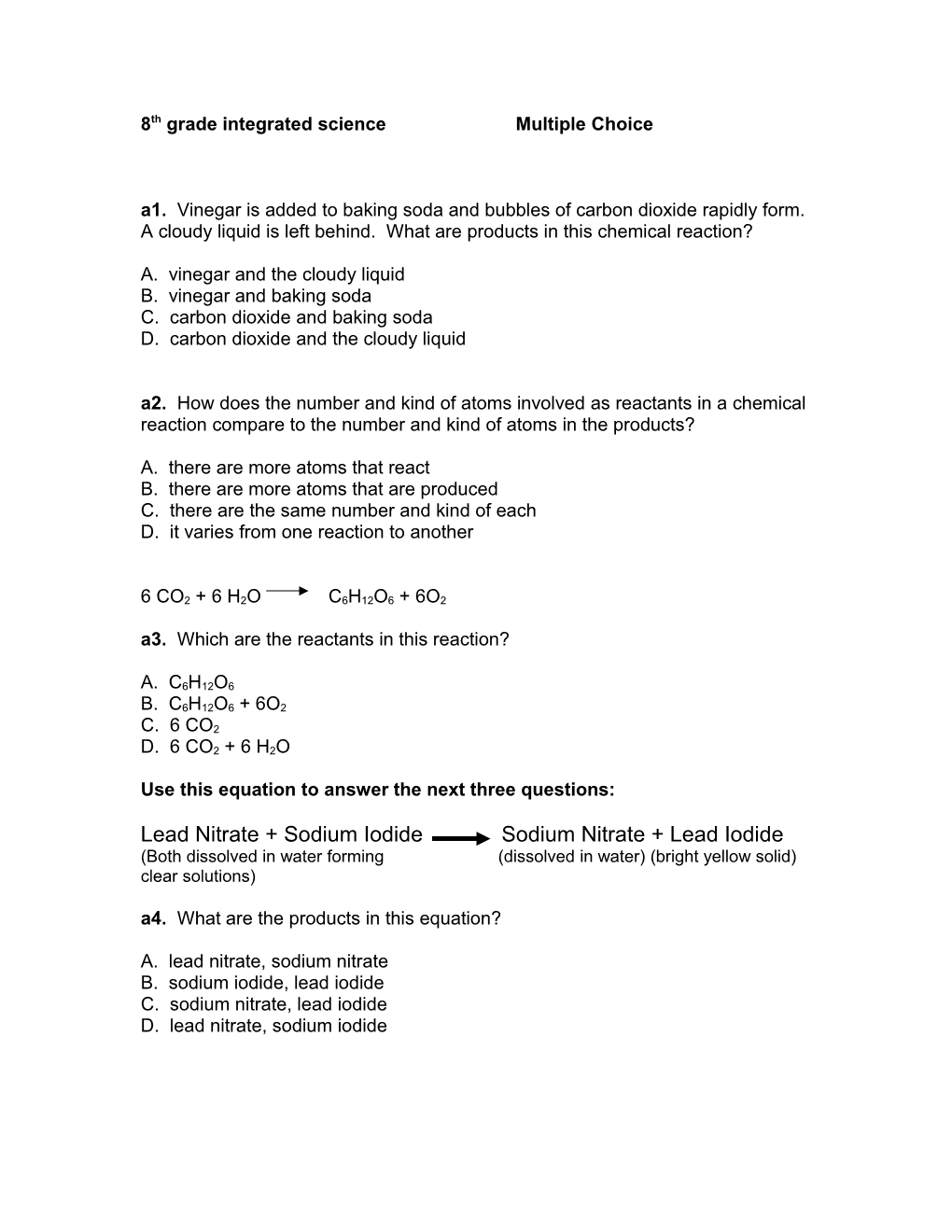 Chemical Reactions Unit Test