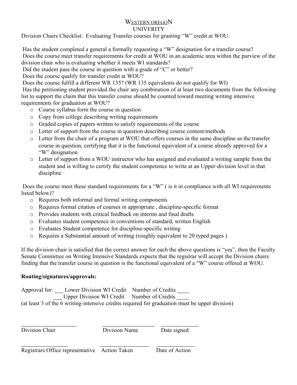 Division Chairs Checklist: Evaluating Transfer Courses for Granting W Credit at WOU