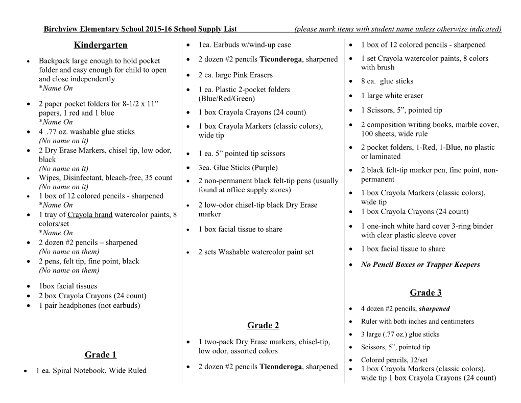 Birchview Elementary School 2015-16School Supply List (Please Mark Items with Student