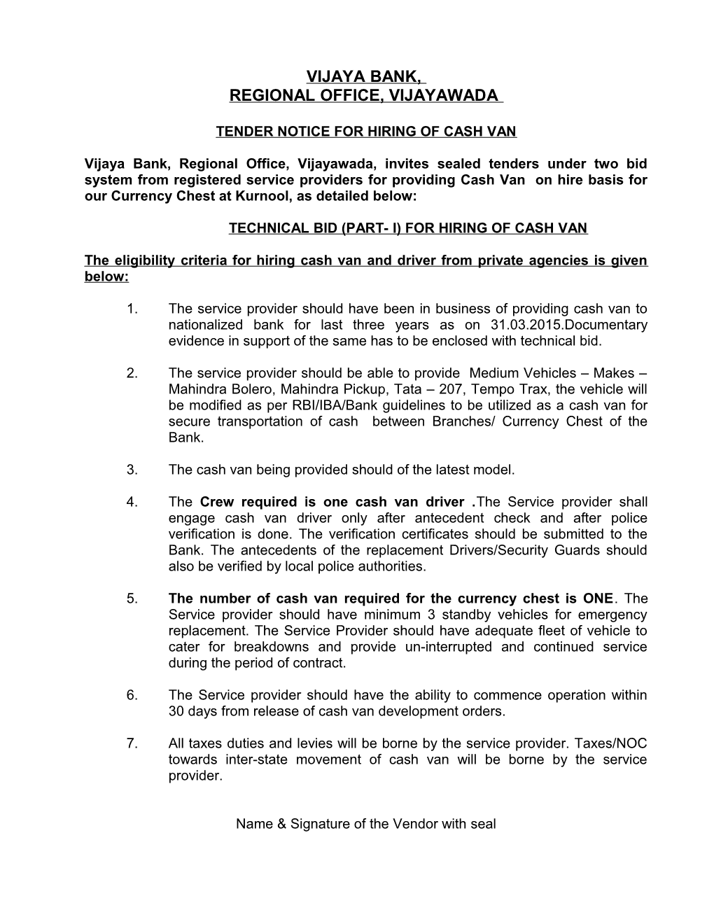 Tender Notice for Hiring of Cash Van