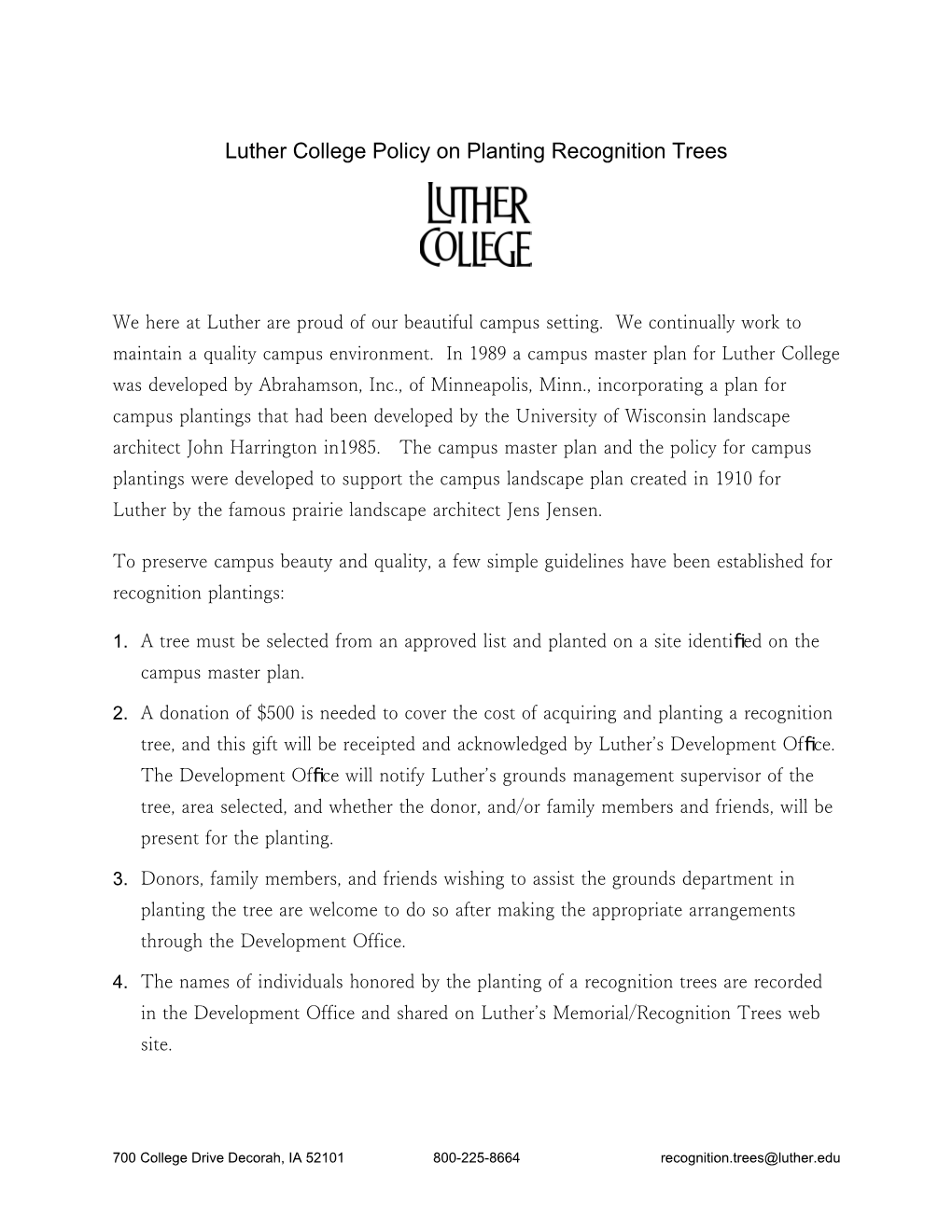 Luther College Policy on Planting Recognition Trees