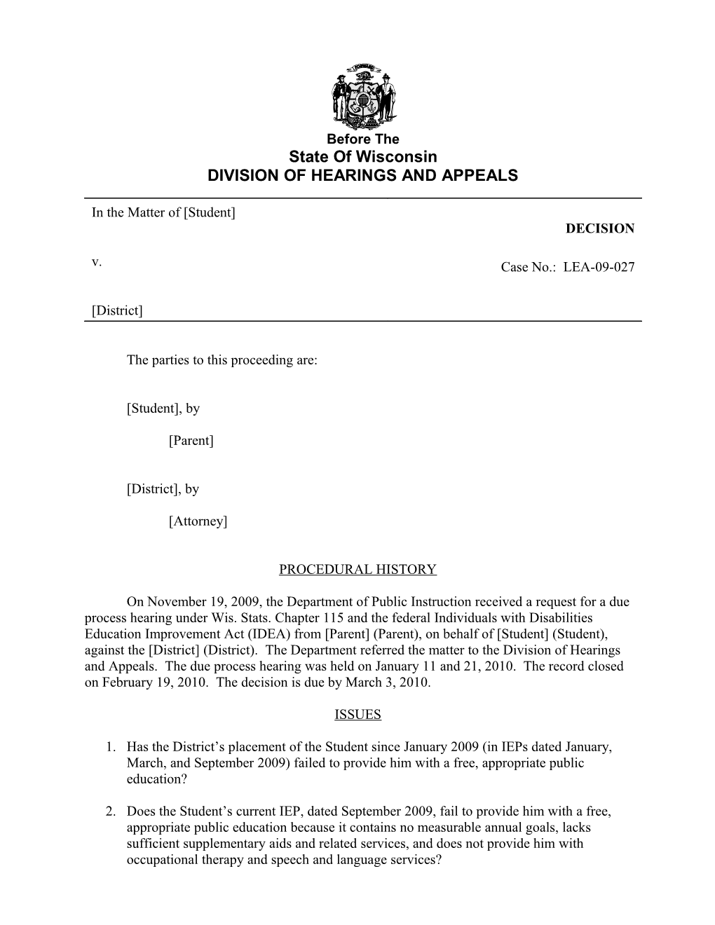 Hearing Officer Decision LEA-09-027