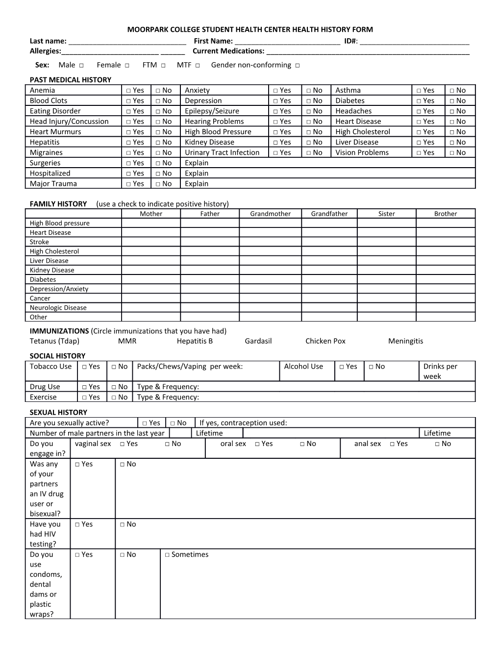 Moorpark College Student Health Centerhealth History Form