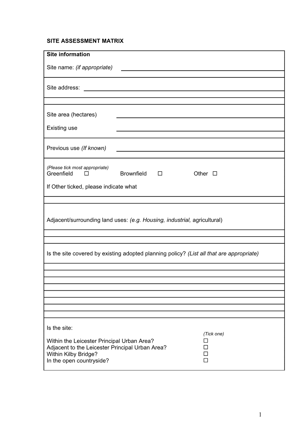 Site Assessment Matrix