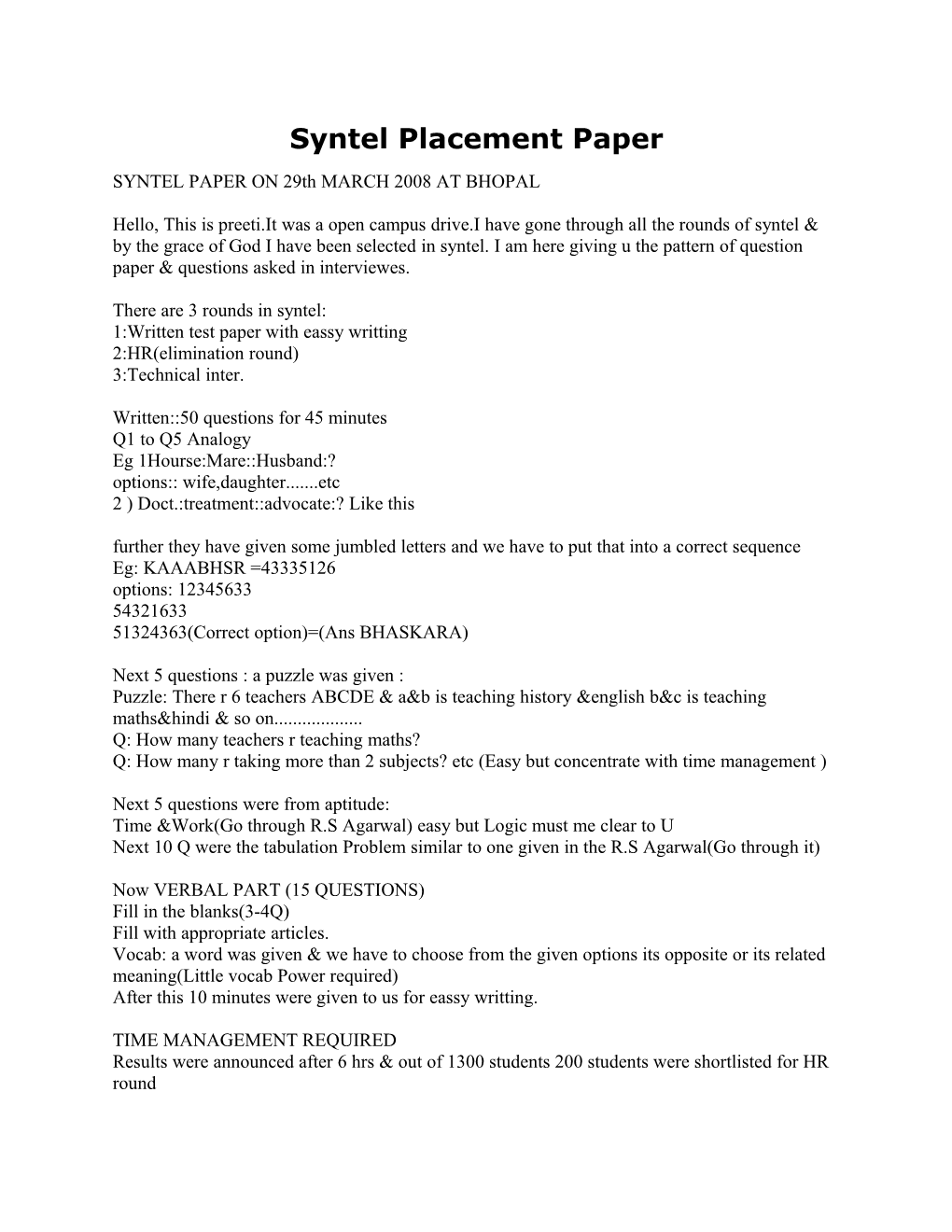 Syntel Placement Paper