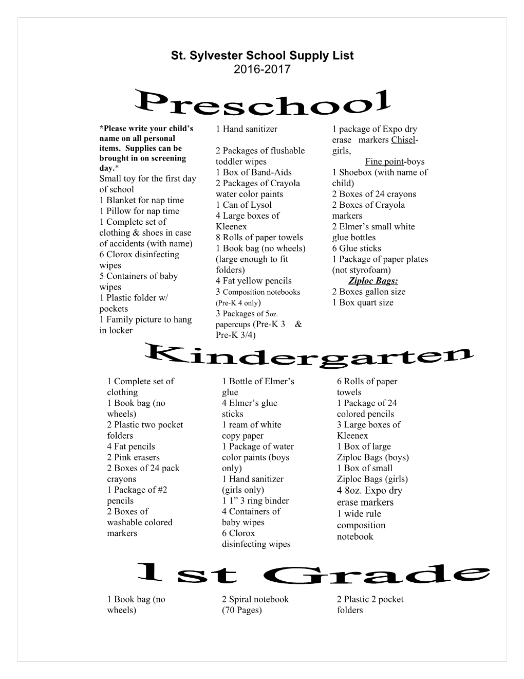 St. Sylvester School Supply List