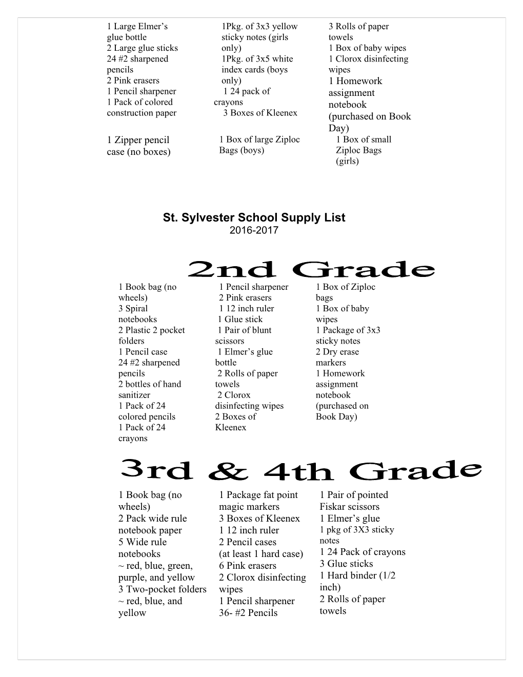 St. Sylvester School Supply List