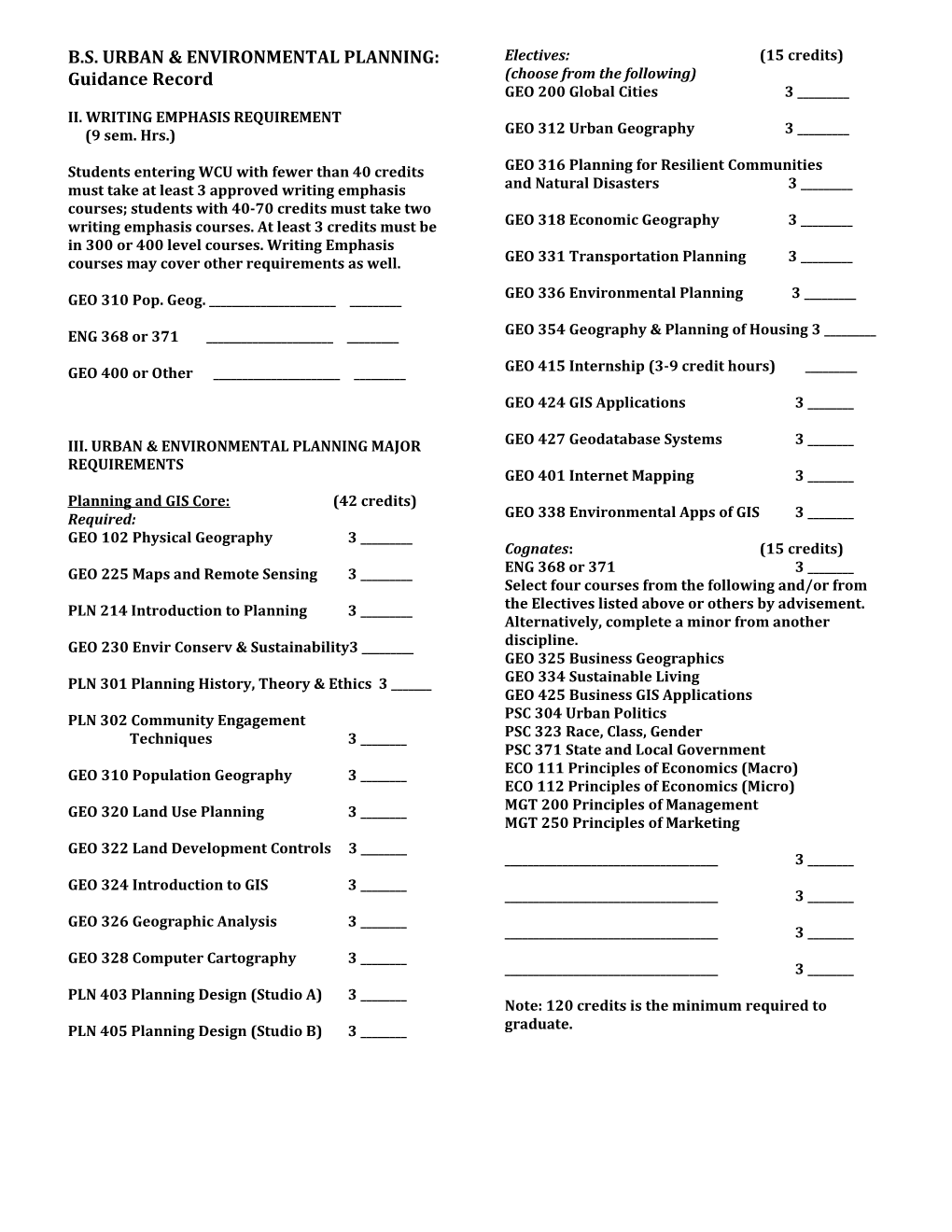 B.S. URBAN & ENVIRONMENTAL PLANNING: Guidance Record