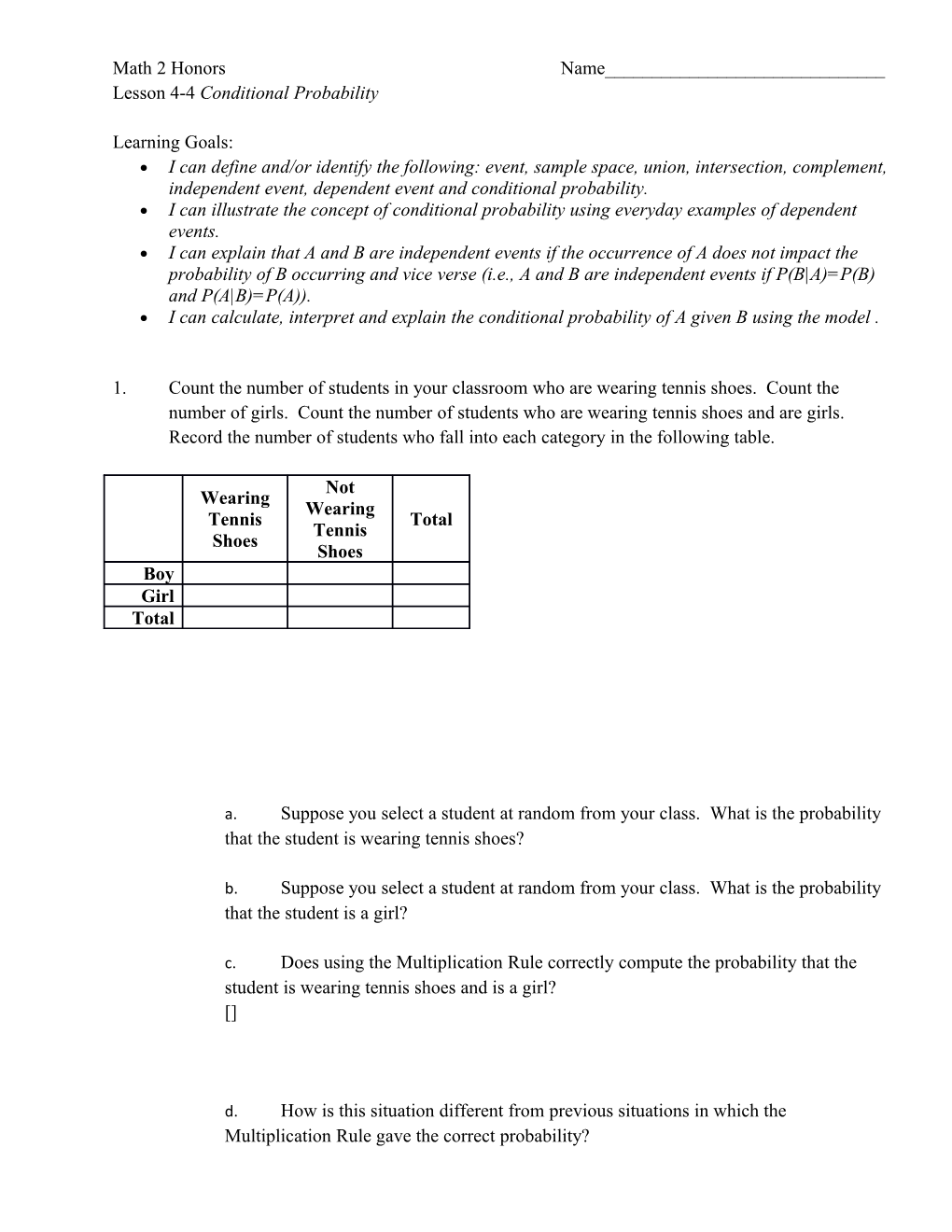 Lesson 4-4 Conditional Probability