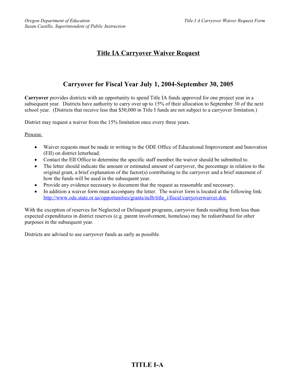 Oregon Department of Educationtitle I a Carryover Waiver Request Form