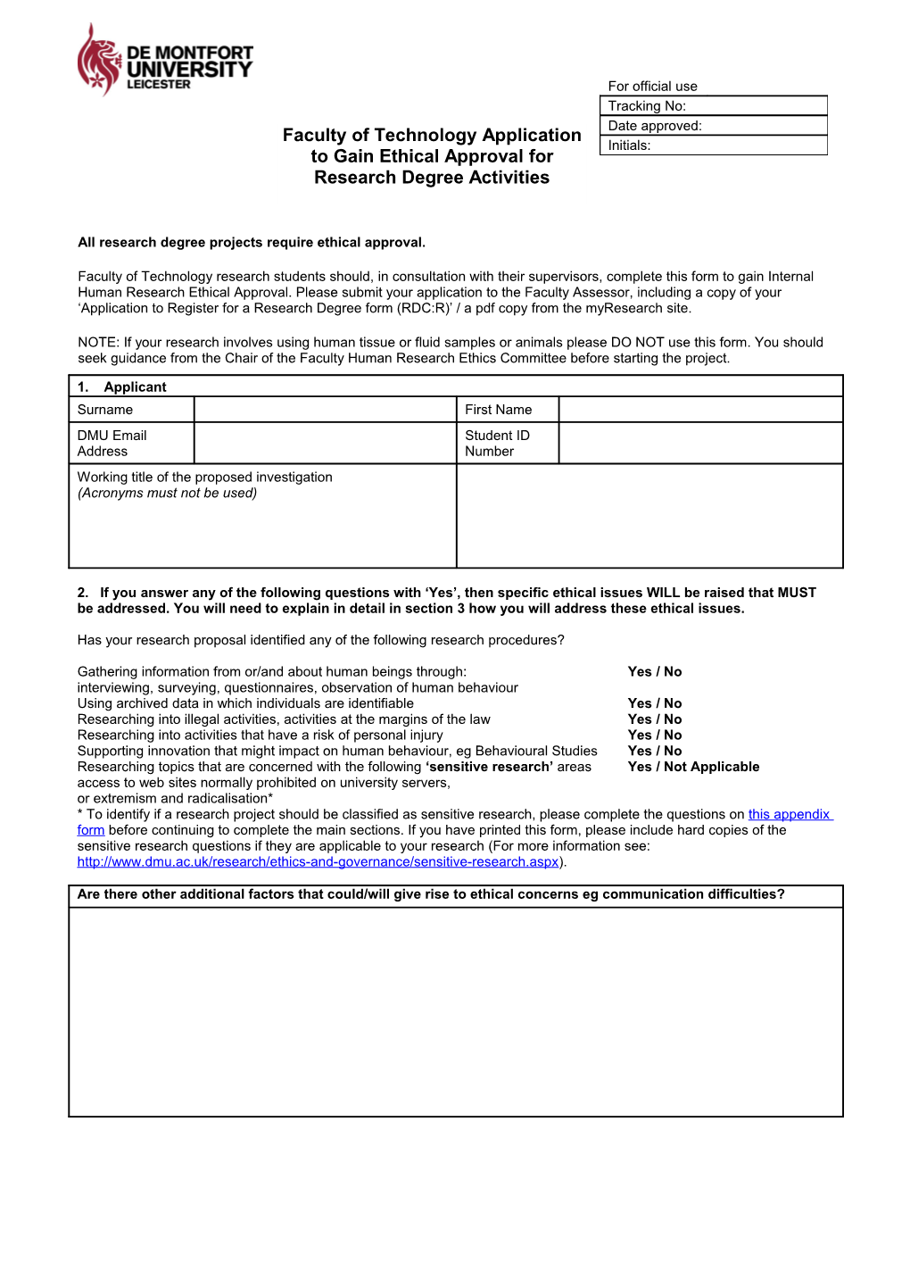 App Form for Research Students to Gain Ethical Approval 290916