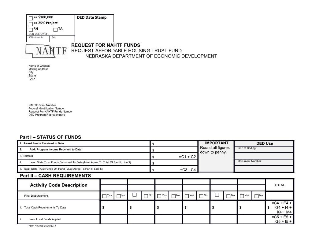 Request for Nahtf Funds