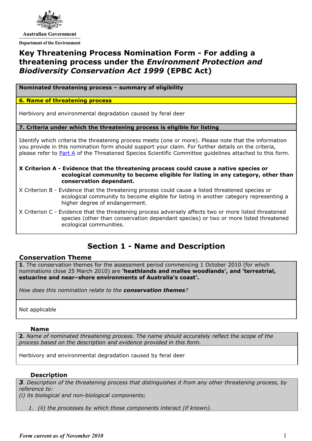 Key Threatening Process Nomination Form - Herbivory and Environmental Degradation Caused