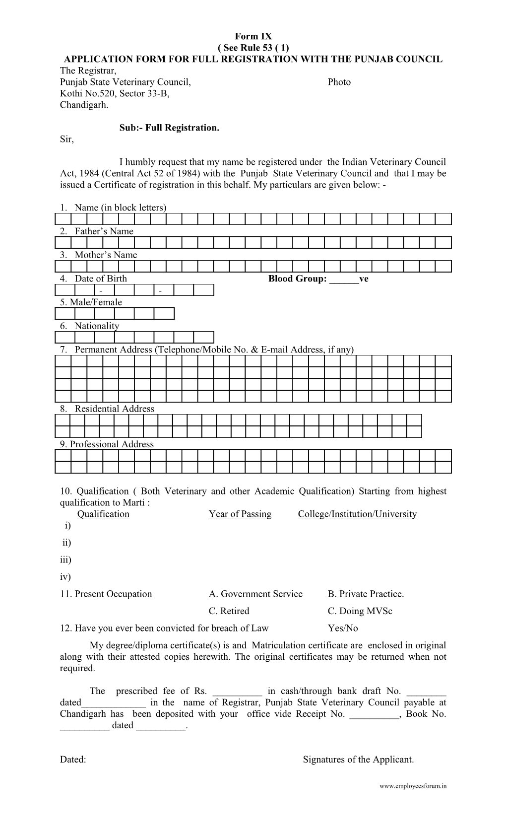 Application Form for Full Registration with the Punjab Council