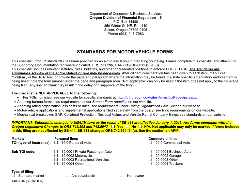 Form 3615, Standards for Motor Vehicle Forms Filing, Form # 440-3615, Rev. 02/2012