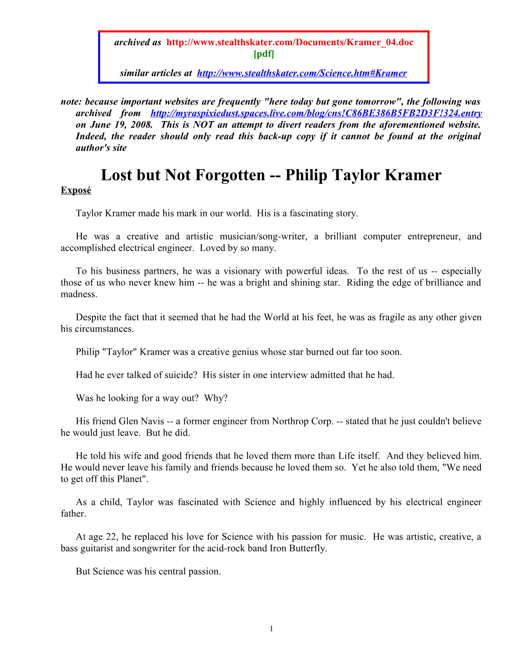 Lost but Not Forgotten Philip Taylor Kramer