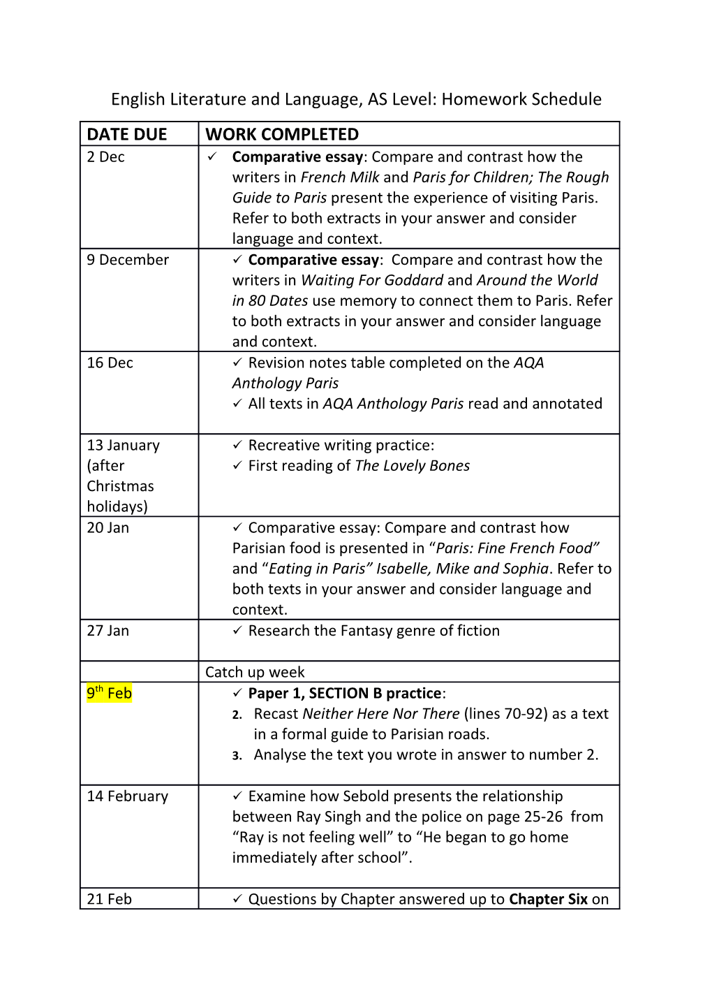 English Literature and Language, AS Level: Homework Schedule