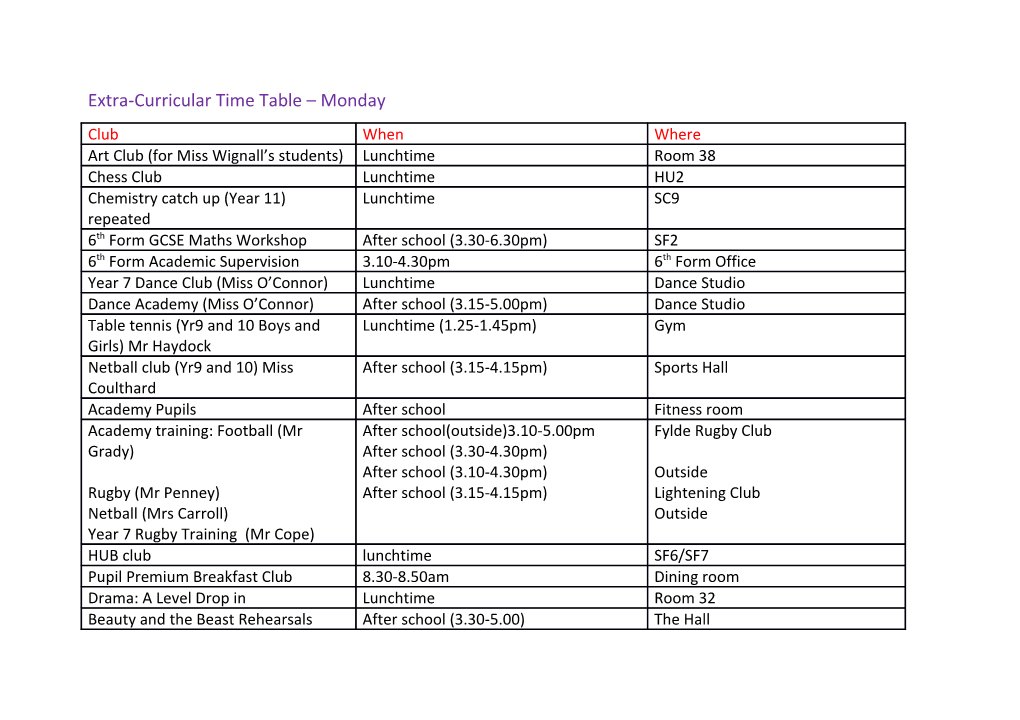 Extra-Curricular Time Table Monday