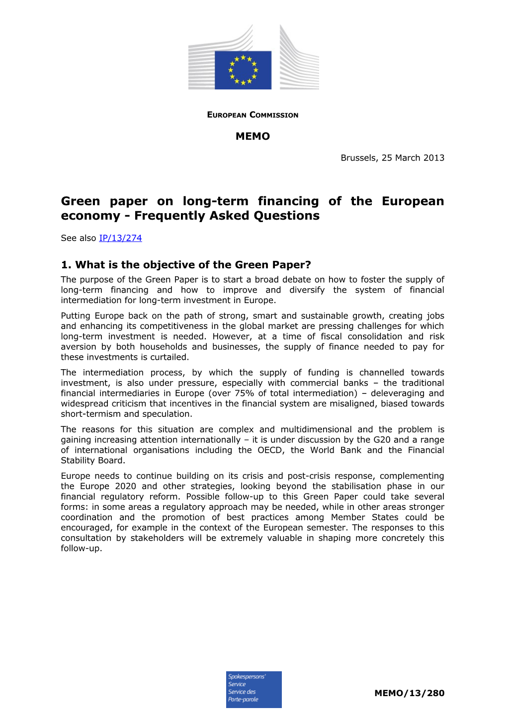 Green Paper on Long-Term Financing of the European Economy - Frequently Asked Questions