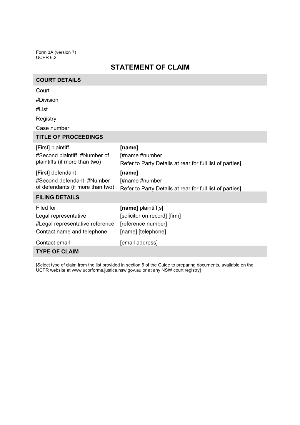 Form 3A - Statement of Claim