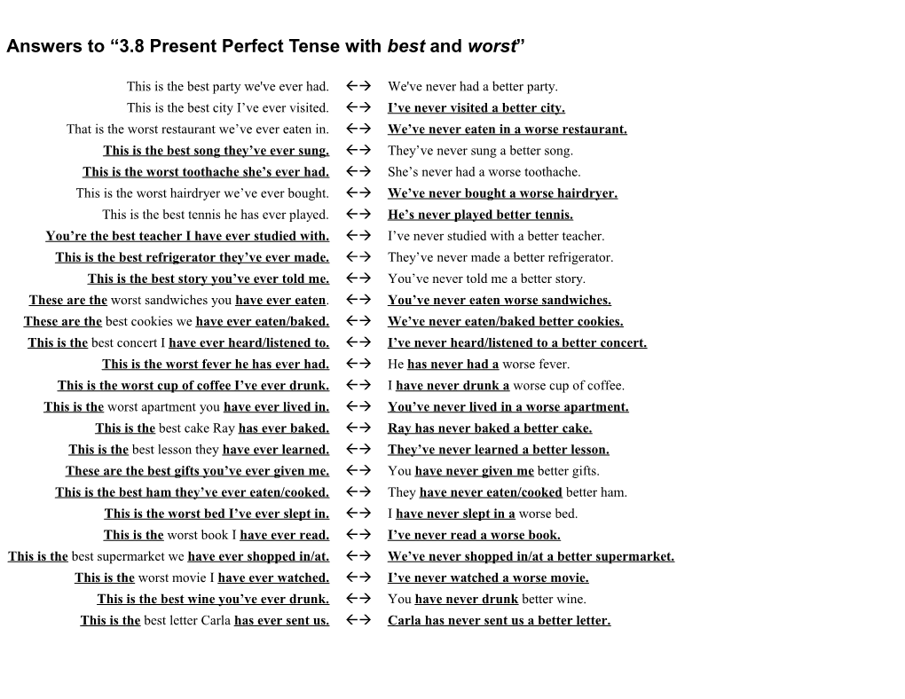 Answers to 3.8 Present Perfect Tense with Best and Worst